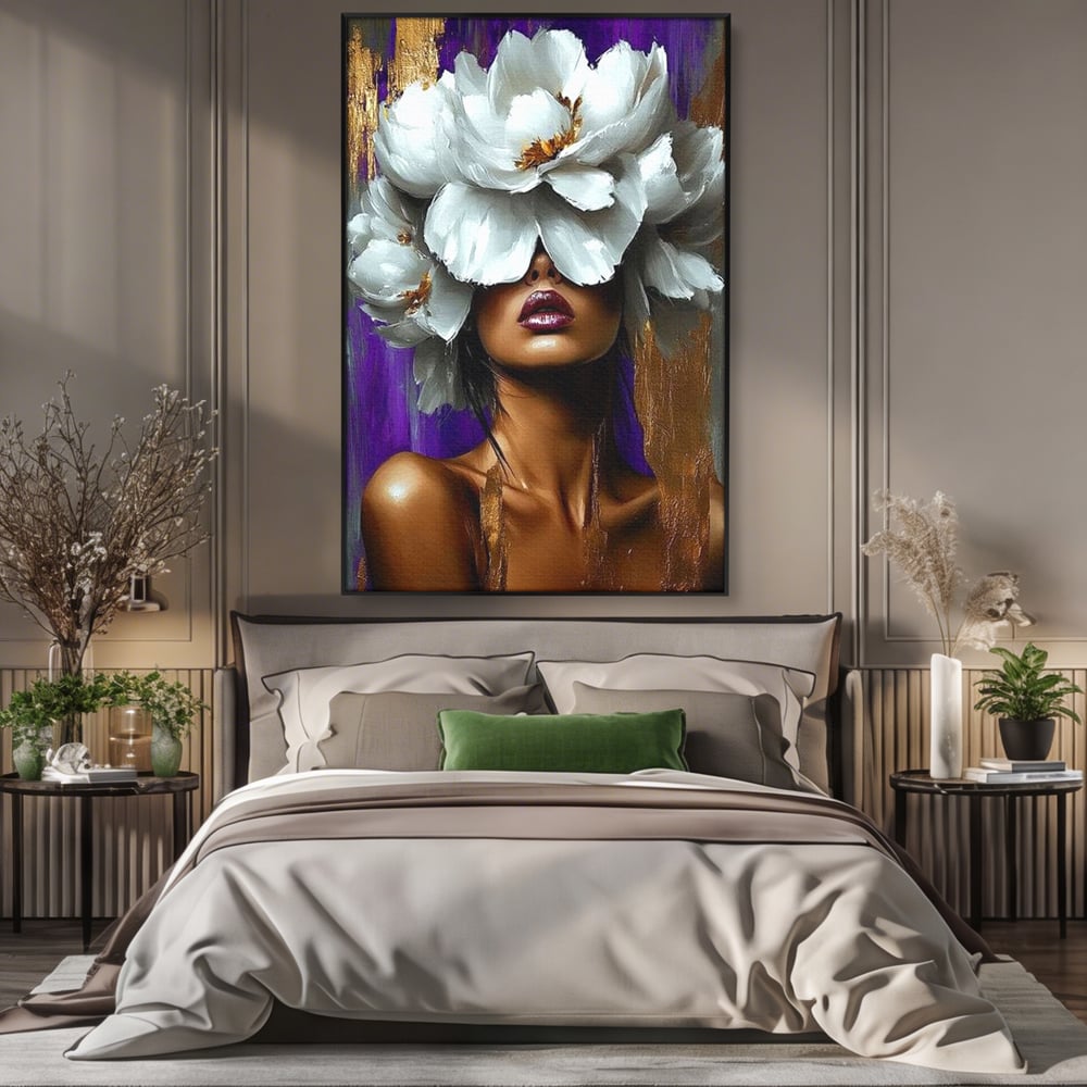 Tablou Canvas Premium LuxCanva® G1012, Aura Florala a Femeii , Petale, Flori, Albe, Puritate, Eleganta, Salbatica, Aura, Regina, Living, Dormitor, Culori vibrante