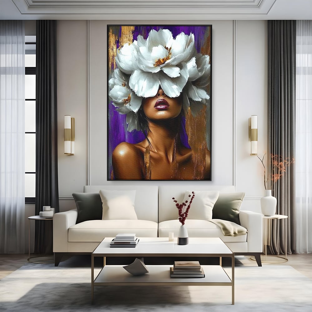 Tablou Canvas Premium LuxCanva® G1012, Aura Florala a Femeii , Petale, Flori, Albe, Puritate, Eleganta, Salbatica, Aura, Regina, Living, Dormitor, Culori vibrante