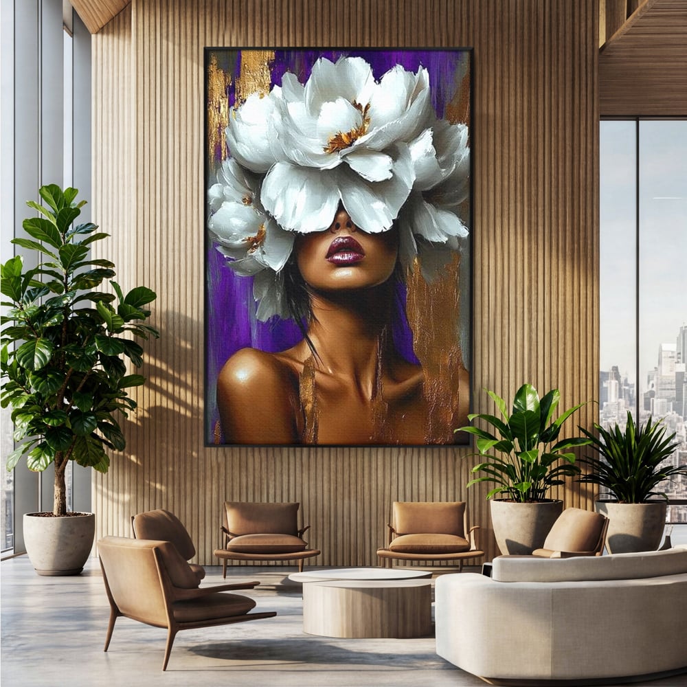 Tablou Canvas Premium LuxCanva® G1012, Aura Florala a Femeii , Petale, Flori, Albe, Puritate, Eleganta, Salbatica, Aura, Regina, Living, Dormitor, Culori vibrante