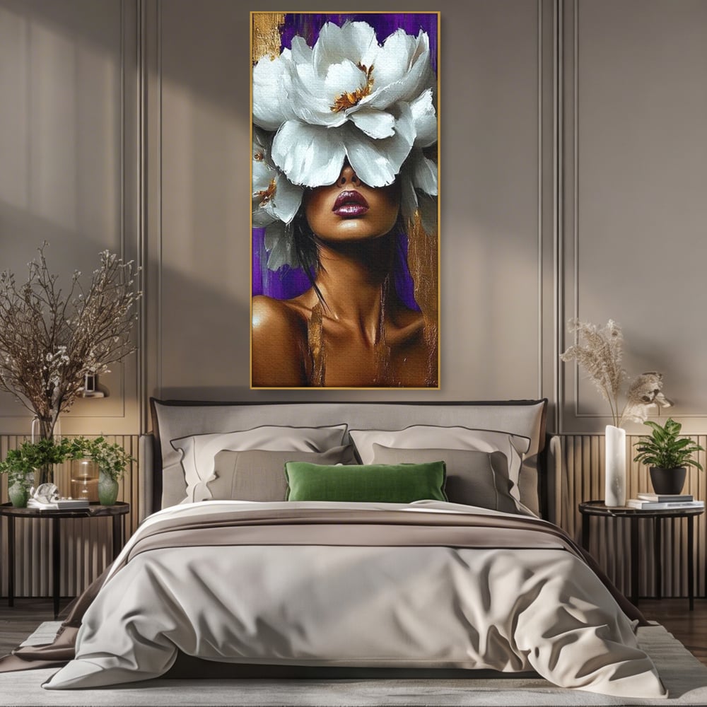 Tablou Canvas Premium LuxCanva® G1012, Aura Florala a Femeii , Petale, Flori, Albe, Puritate, Eleganta, Salbatica, Aura, Regina, Living, Dormitor, Culori vibrante
