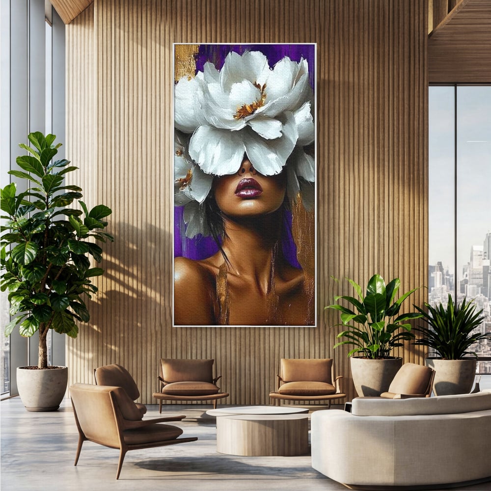 Tablou Canvas Premium LuxCanva® G1012, Aura Florala a Femeii , Petale, Flori, Albe, Puritate, Eleganta, Salbatica, Aura, Regina, Living, Dormitor, Culori vibrante