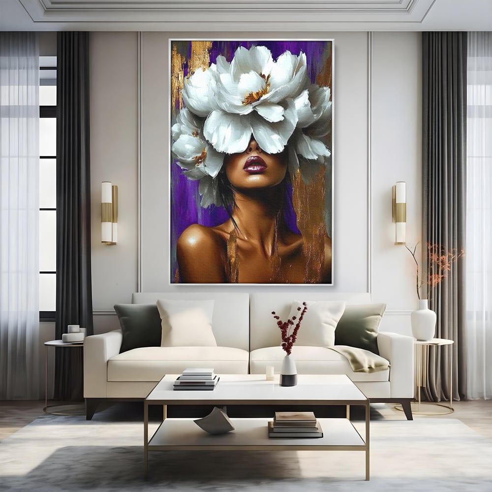 Tablou Canvas Premium LuxCanva® G1012, Aura Florala a Femeii , Petale, Flori, Albe, Puritate, Eleganta, Salbatica, Aura, Regina, Living, Dormitor, Culori vibrante