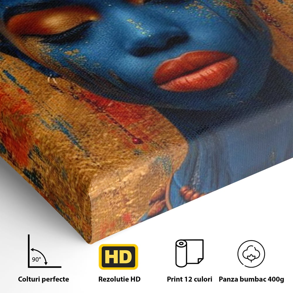Tablou Canvas Premium LuxCanva® G1013, Frumusete Etnica , Albastru, Aur, Azur, Tribal, Feminism, Printesa, Living, Dormitor, Culori vibrante