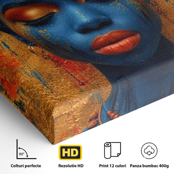 Tablou Canvas Premium LuxCanva® G1013, Frumusete Etnica , Albastru, Aur, Azur, Tribal, Feminism, Printesa, Living, Dormitor, Culori vibrante