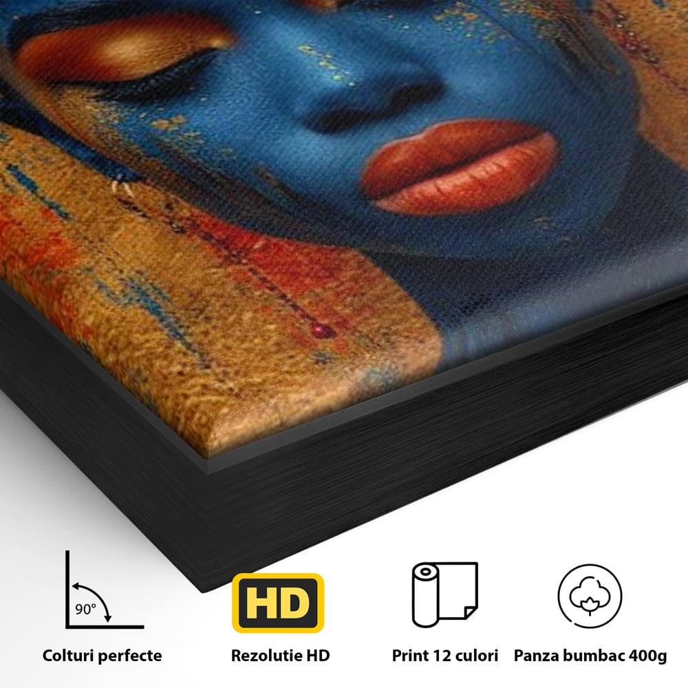 Tablou Canvas Premium LuxCanva® G1013, Frumusete Etnica , Albastru, Aur, Azur, Tribal, Feminism, Printesa, Living, Dormitor, Culori vibrante