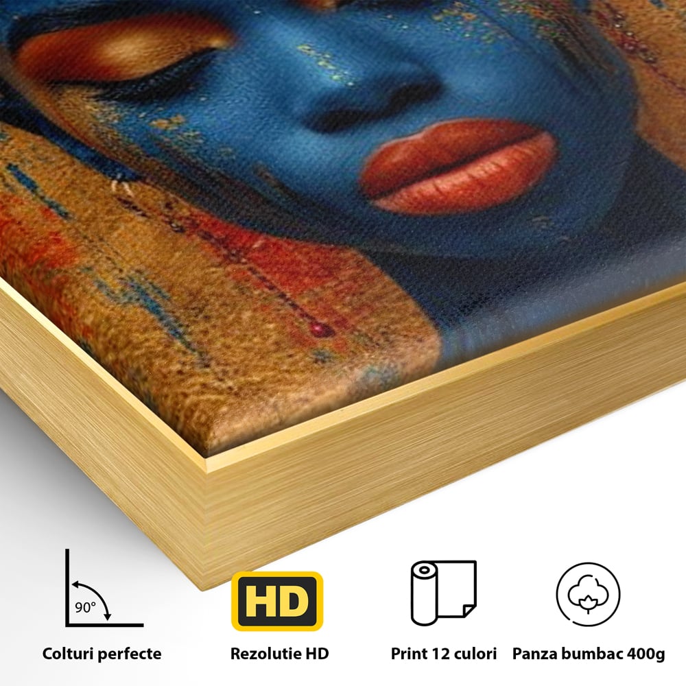 Tablou Canvas Premium LuxCanva® G1013, Frumusete Etnica , Albastru, Aur, Azur, Tribal, Feminism, Printesa, Living, Dormitor, Culori vibrante