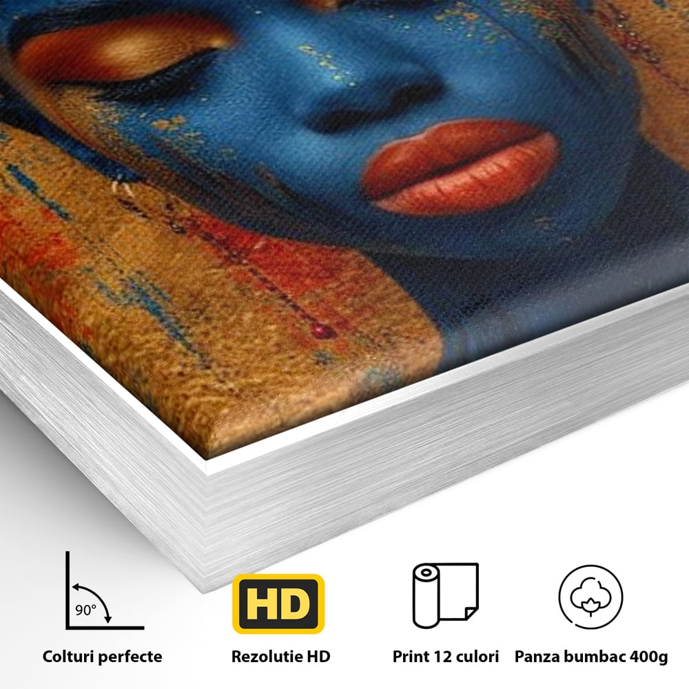 Tablou Canvas Premium LuxCanva® G1013, Frumusete Etnica , Albastru, Aur, Azur, Tribal, Feminism, Printesa, Living, Dormitor, Culori vibrante