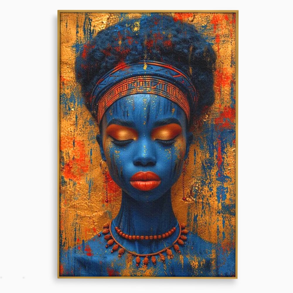 Tablou Canvas Premium LuxCanva® G1013, Frumusete Etnica , Albastru, Aur, Azur, Tribal, Feminism, Printesa, Living, Dormitor, Culori vibrante