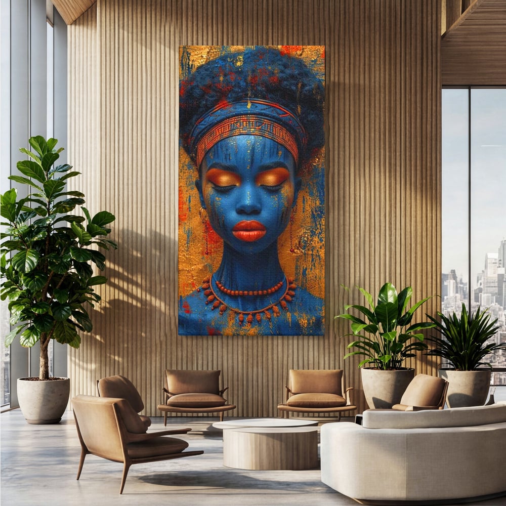 Tablou Canvas Premium LuxCanva® G1013, Frumusete Etnica , Albastru, Aur, Azur, Tribal, Feminism, Printesa, Living, Dormitor, Culori vibrante