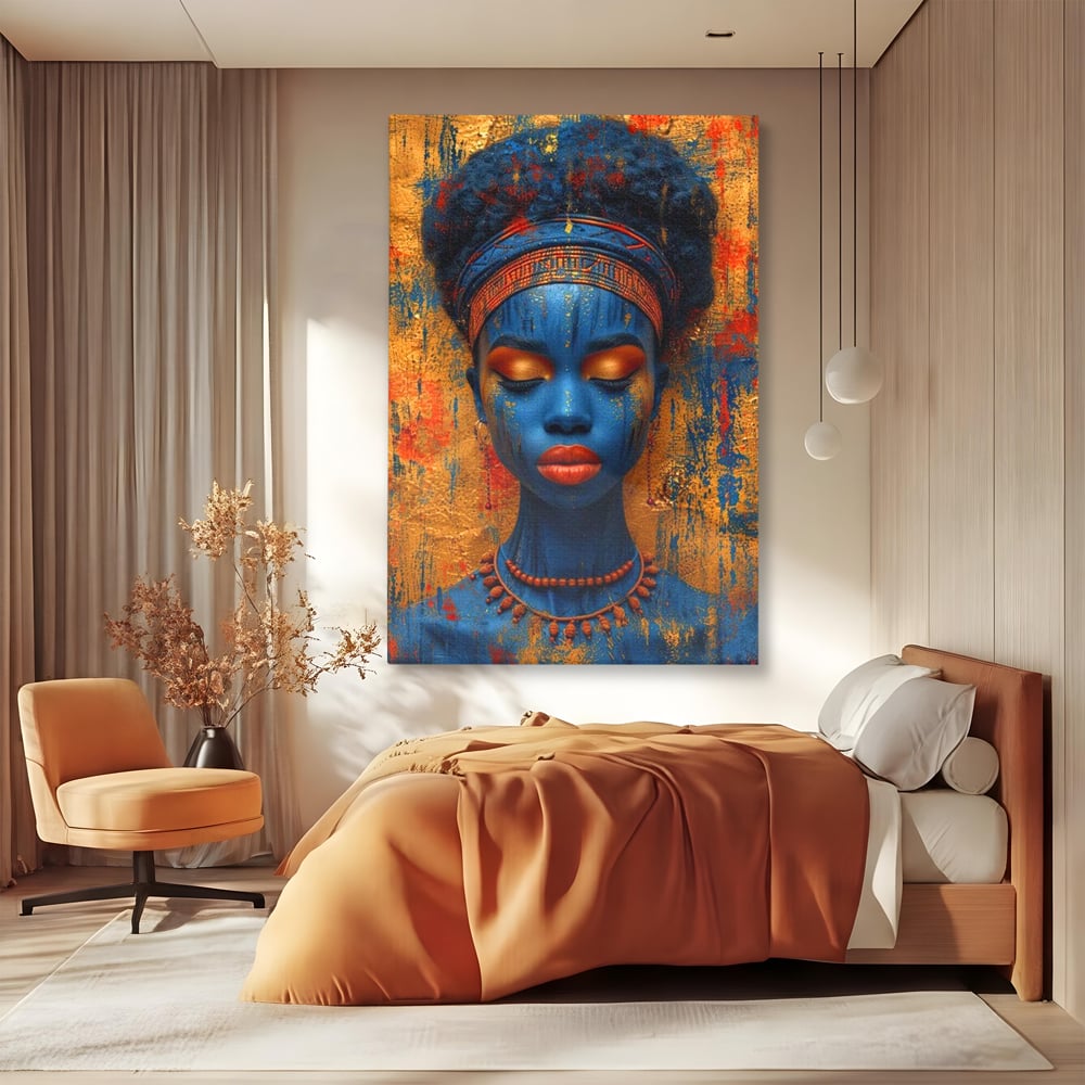 Tablou Canvas Premium LuxCanva® G1013, Frumusete Etnica , Albastru, Aur, Azur, Tribal, Feminism, Printesa, Living, Dormitor, Culori vibrante