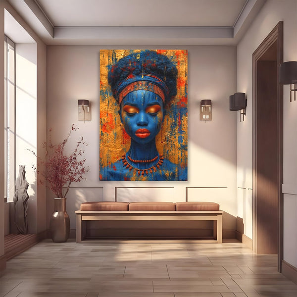 Tablou Canvas Premium LuxCanva® G1013, Frumusete Etnica , Albastru, Aur, Azur, Tribal, Feminism, Printesa, Living, Dormitor, Culori vibrante
