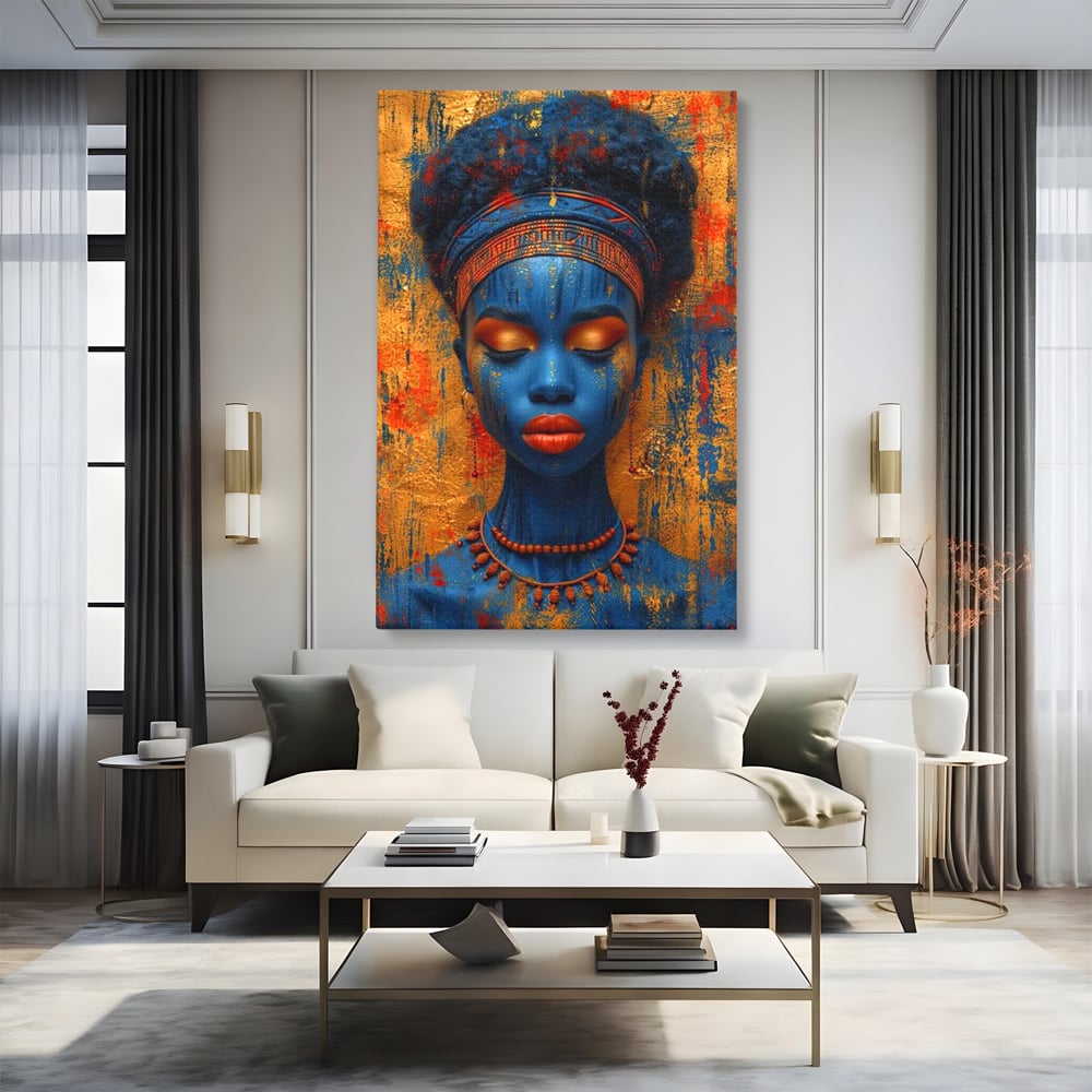 Tablou Canvas Premium LuxCanva® G1013, Frumusete Etnica , Albastru, Aur, Azur, Tribal, Feminism, Printesa, Living, Dormitor, Culori vibrante