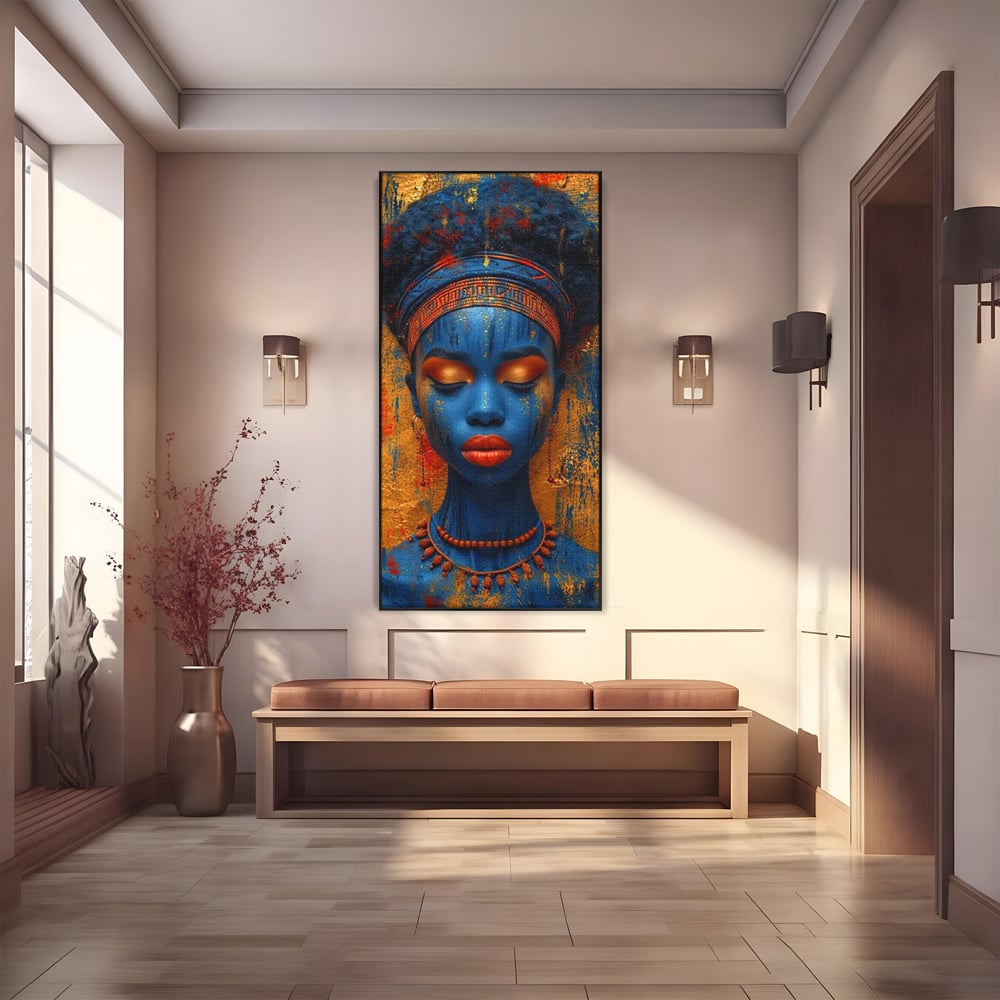 Tablou Canvas Premium LuxCanva® G1013, Frumusete Etnica , Albastru, Aur, Azur, Tribal, Feminism, Printesa, Living, Dormitor, Culori vibrante