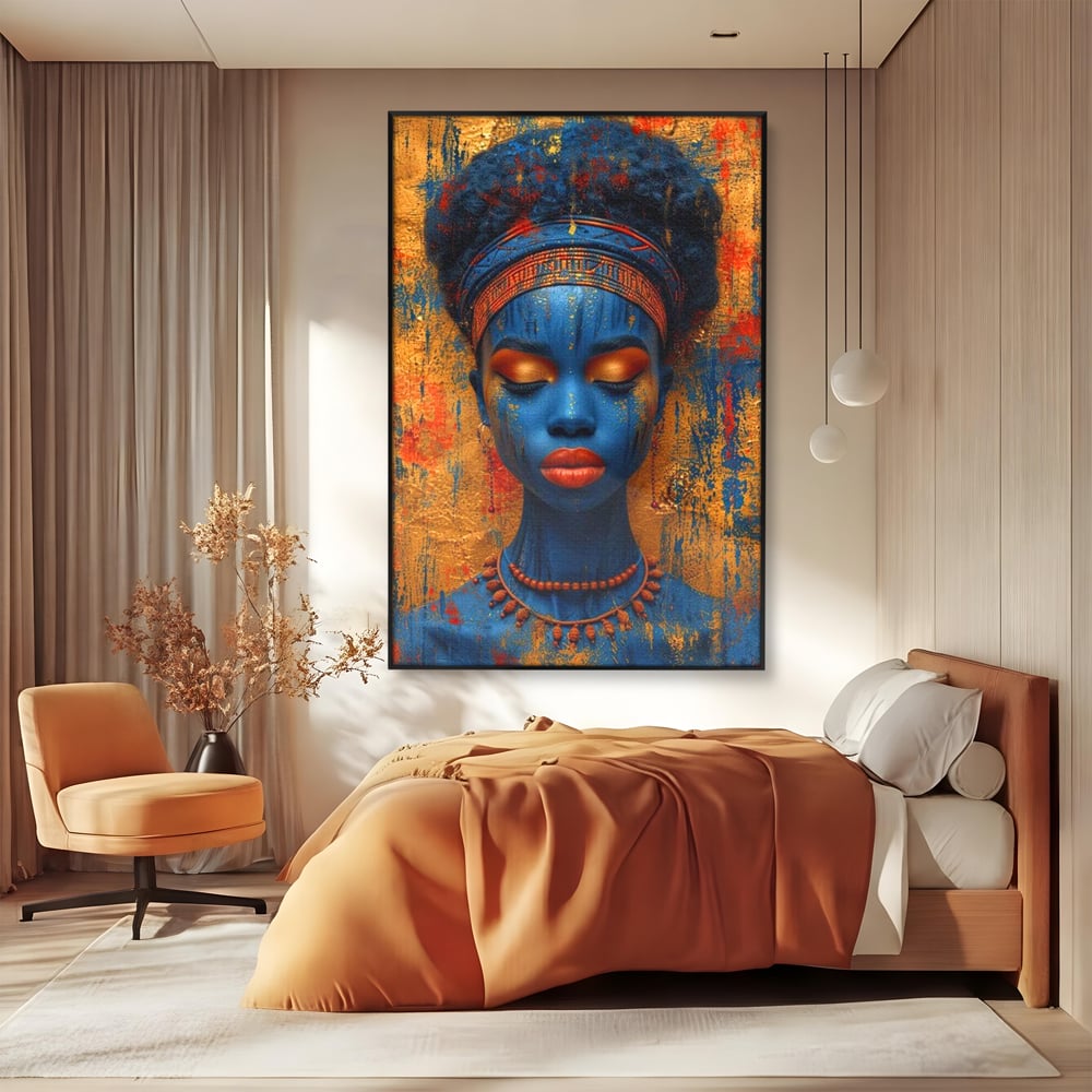 Tablou Canvas Premium LuxCanva® G1013, Frumusete Etnica , Albastru, Aur, Azur, Tribal, Feminism, Printesa, Living, Dormitor, Culori vibrante