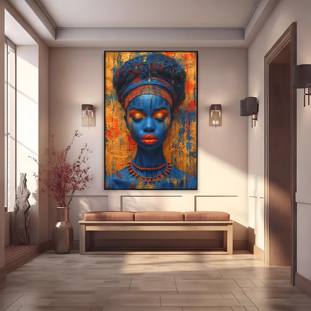 Tablou Canvas Premium LuxCanva® G1013, Frumusete Etnica , Albastru, Aur, Azur, Tribal, Feminism, Printesa, Living, Dormitor, Culori vibrante