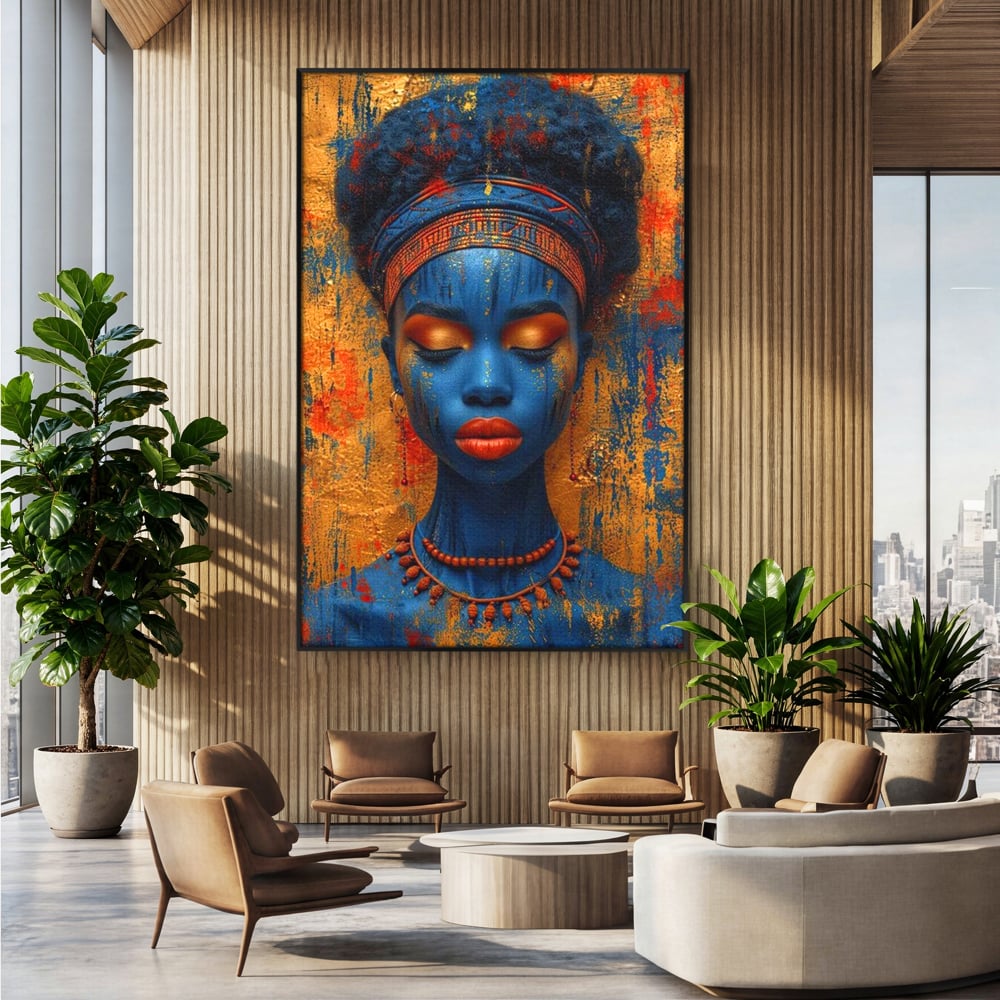 Tablou Canvas Premium LuxCanva® G1013, Frumusete Etnica , Albastru, Aur, Azur, Tribal, Feminism, Printesa, Living, Dormitor, Culori vibrante