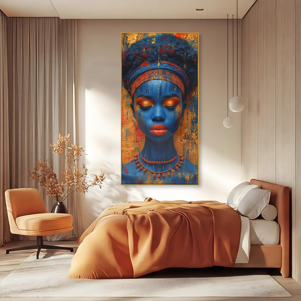 Tablou Canvas Premium LuxCanva® G1013, Frumusete Etnica , Albastru, Aur, Azur, Tribal, Feminism, Printesa, Living, Dormitor, Culori vibrante