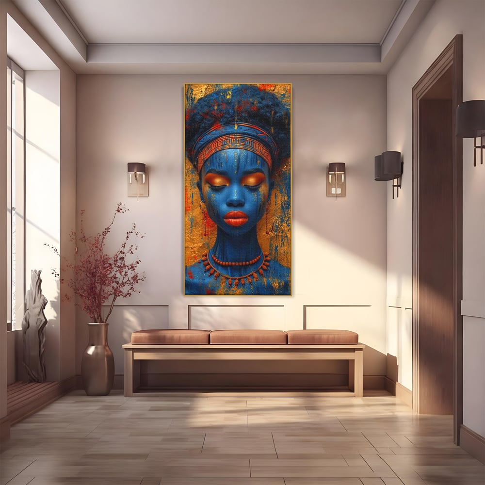 Tablou Canvas Premium LuxCanva® G1013, Frumusete Etnica , Albastru, Aur, Azur, Tribal, Feminism, Printesa, Living, Dormitor, Culori vibrante
