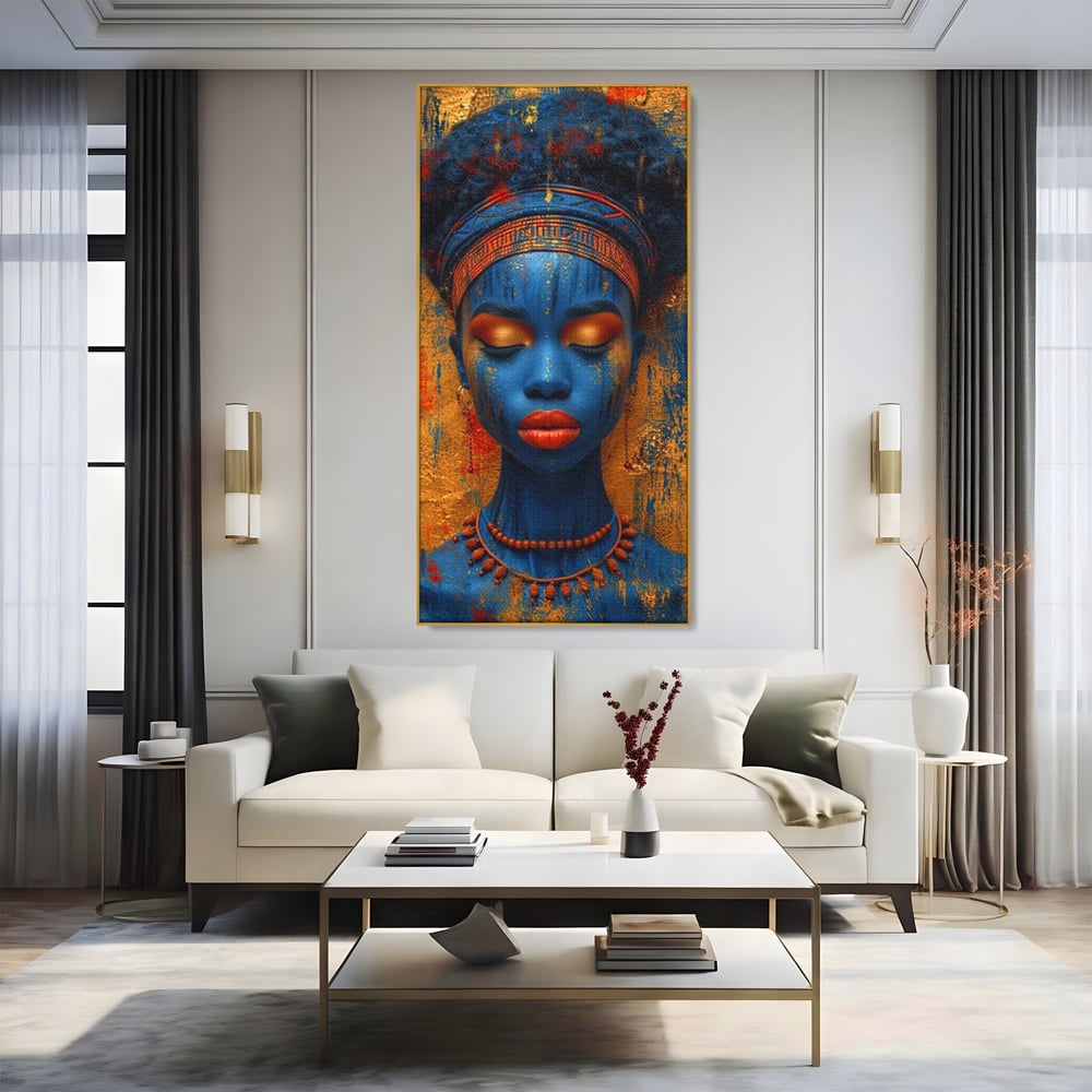 Tablou Canvas Premium LuxCanva® G1013, Frumusete Etnica , Albastru, Aur, Azur, Tribal, Feminism, Printesa, Living, Dormitor, Culori vibrante