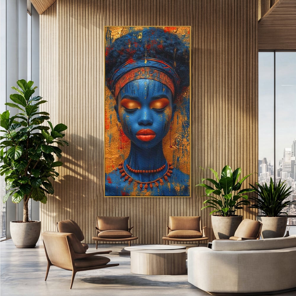 Tablou Canvas Premium LuxCanva® G1013, Frumusete Etnica , Albastru, Aur, Azur, Tribal, Feminism, Printesa, Living, Dormitor, Culori vibrante