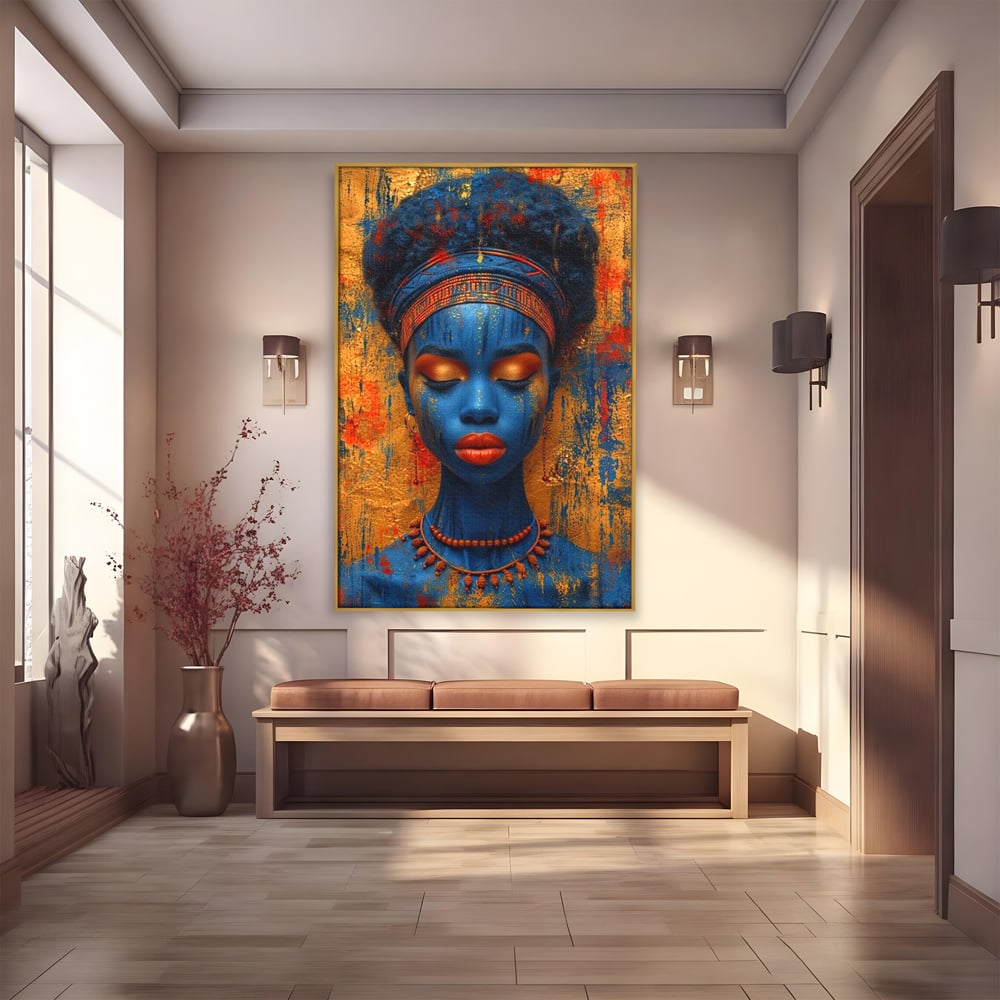 Tablou Canvas Premium LuxCanva® G1013, Frumusete Etnica , Albastru, Aur, Azur, Tribal, Feminism, Printesa, Living, Dormitor, Culori vibrante