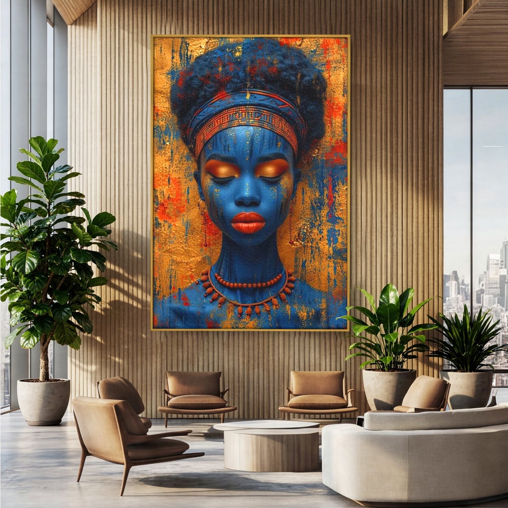 Tablou Canvas Premium LuxCanva® G1013, Frumusete Etnica , Albastru, Aur, Azur, Tribal, Feminism, Printesa, Living, Dormitor, Culori vibrante