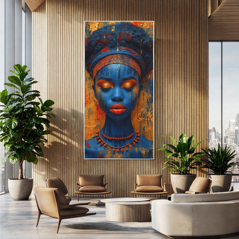 Tablou Canvas Premium LuxCanva® G1013, Frumusete Etnica , Albastru, Aur, Azur, Tribal, Feminism, Printesa, Living, Dormitor, Culori vibrante
