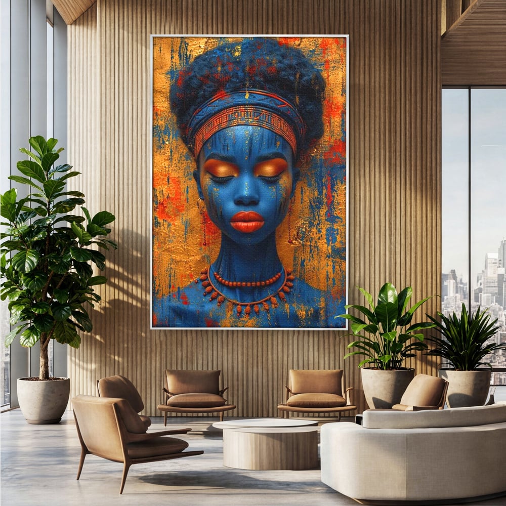 Tablou Canvas Premium LuxCanva® G1013, Frumusete Etnica , Albastru, Aur, Azur, Tribal, Feminism, Printesa, Living, Dormitor, Culori vibrante