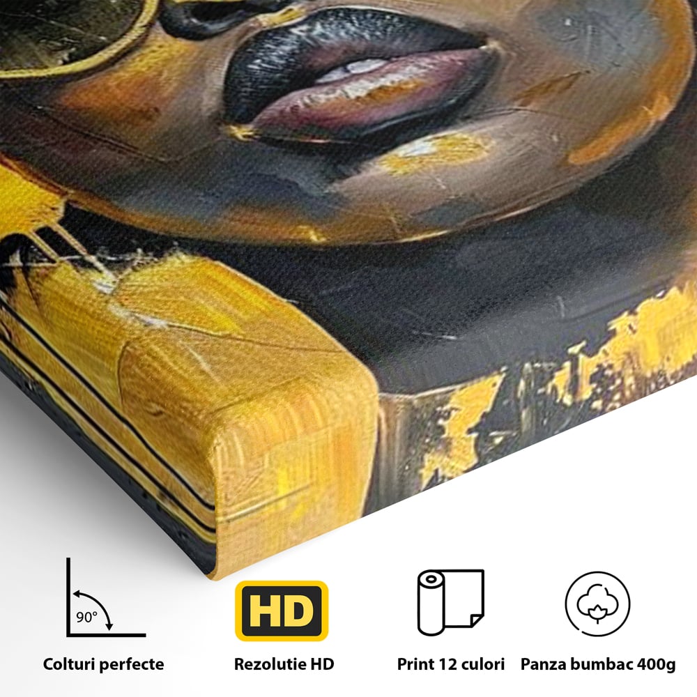Leinwandbilder Premium LuxCanva® G1014, A Modern Goddess, Afro, Urban, Modern, Gelb, Sonnenbrille, Stil, Wohnen, Schlafzimmer, Wohnzimmer, Lebendige Farben
