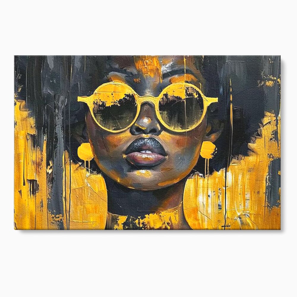 Leinwandbilder Premium LuxCanva® G1014, A Modern Goddess, Afro, Urban, Modern, Gelb, Sonnenbrille, Stil, Wohnen, Schlafzimmer, Wohnzimmer, Lebendige Farben