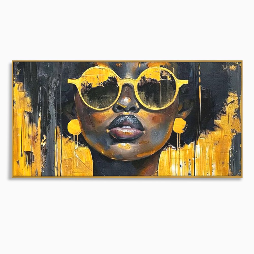 Leinwandbilder Premium LuxCanva® G1014, A Modern Goddess, Afro, Urban, Modern, Gelb, Sonnenbrille, Stil, Wohnen, Schlafzimmer, Wohnzimmer, Lebendige Farben