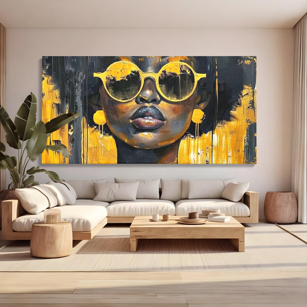 Leinwandbilder Premium LuxCanva® G1014, A Modern Goddess, Afro, Urban, Modern, Gelb, Sonnenbrille, Stil, Wohnen, Schlafzimmer, Wohnzimmer, Lebendige Farben
