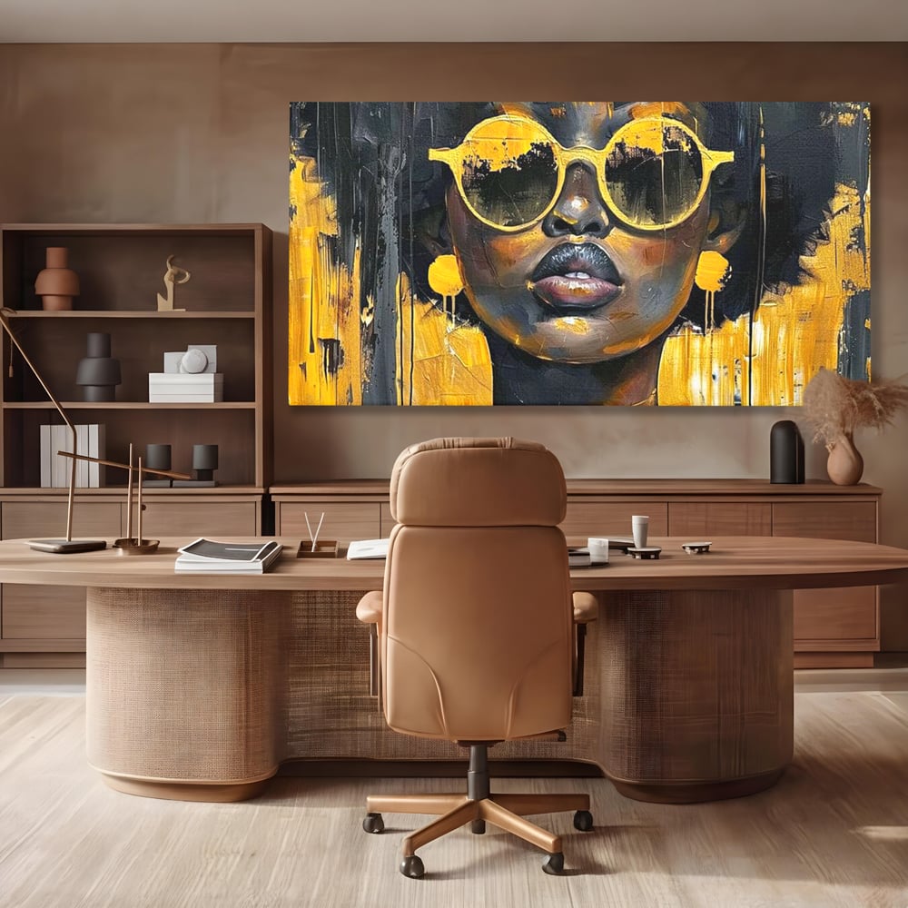 Leinwandbilder Premium LuxCanva® G1014, A Modern Goddess, Afro, Urban, Modern, Gelb, Sonnenbrille, Stil, Wohnen, Schlafzimmer, Wohnzimmer, Lebendige Farben