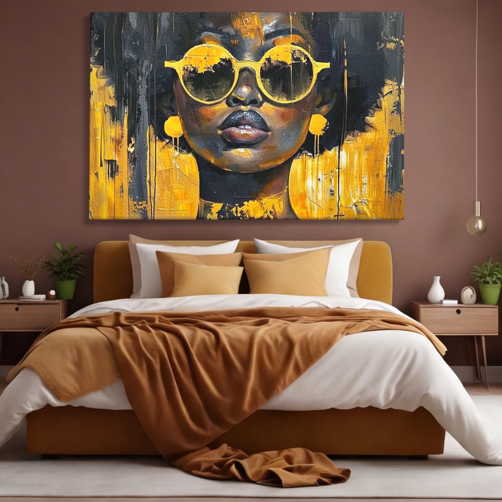 Leinwandbilder Premium LuxCanva® G1014, A Modern Goddess, Afro, Urban, Modern, Gelb, Sonnenbrille, Stil, Wohnen, Schlafzimmer, Wohnzimmer, Lebendige Farben