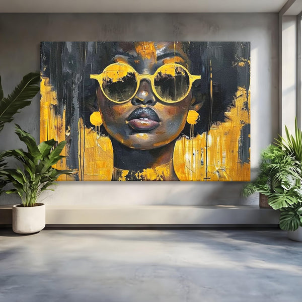 Leinwandbilder Premium LuxCanva® G1014, A Modern Goddess, Afro, Urban, Modern, Gelb, Sonnenbrille, Stil, Wohnen, Schlafzimmer, Wohnzimmer, Lebendige Farben