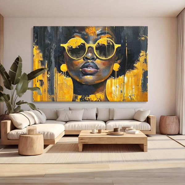 Leinwandbilder Premium LuxCanva® G1014, A Modern Goddess, Afro, Urban, Modern, Gelb, Sonnenbrille, Stil, Wohnen, Schlafzimmer, Wohnzimmer, Lebendige Farben