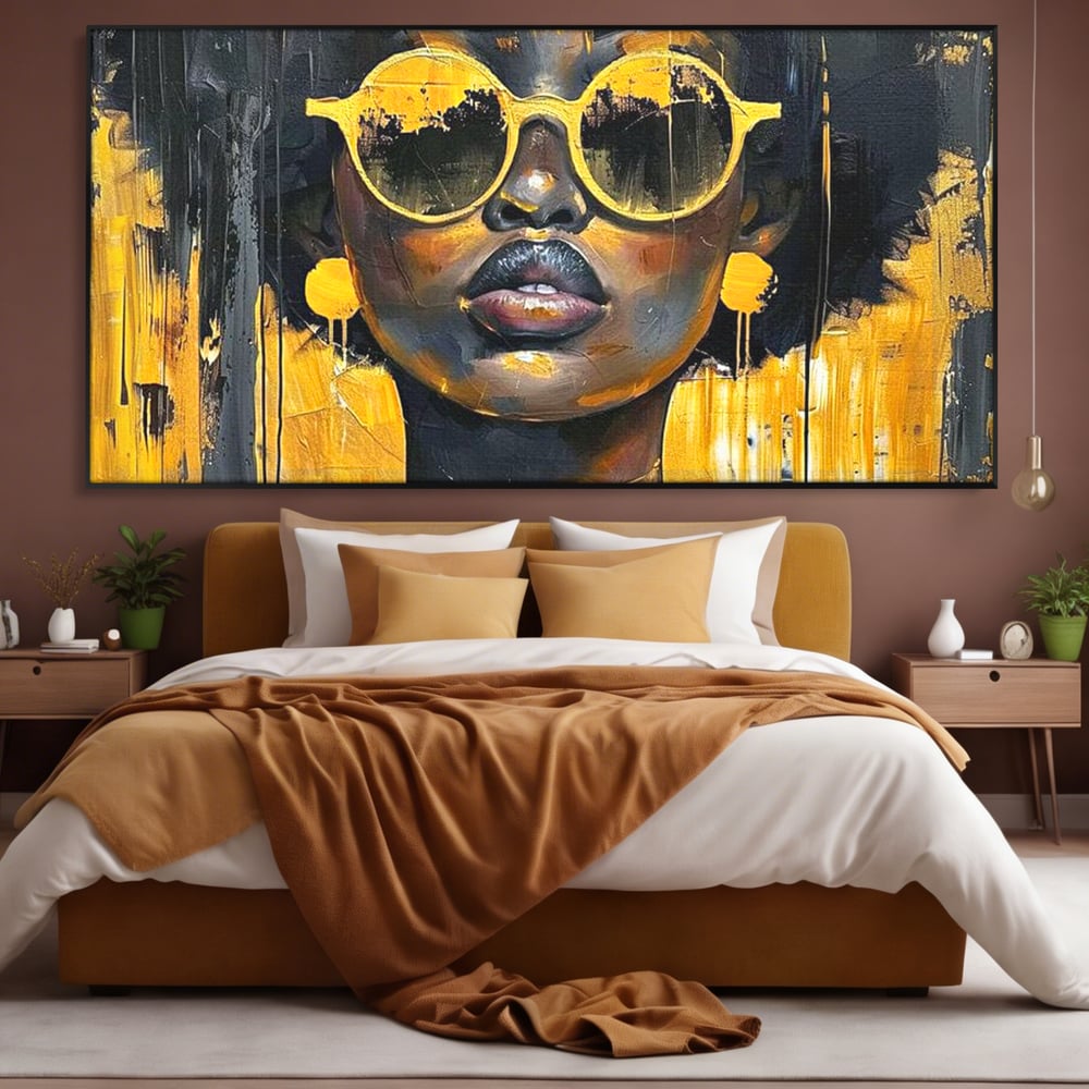 Leinwandbilder Premium LuxCanva® G1014, A Modern Goddess, Afro, Urban, Modern, Gelb, Sonnenbrille, Stil, Wohnen, Schlafzimmer, Wohnzimmer, Lebendige Farben