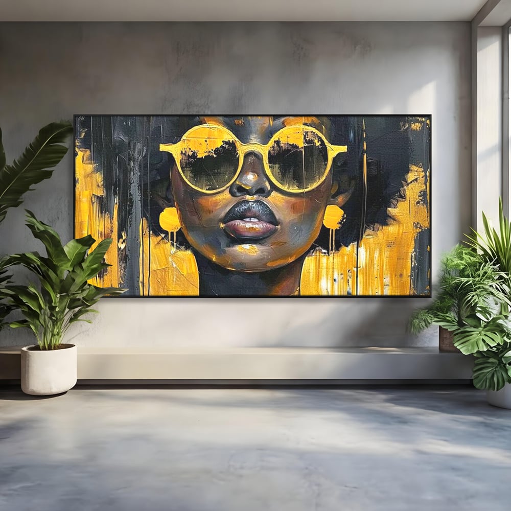 Leinwandbilder Premium LuxCanva® G1014, A Modern Goddess, Afro, Urban, Modern, Gelb, Sonnenbrille, Stil, Wohnen, Schlafzimmer, Wohnzimmer, Lebendige Farben