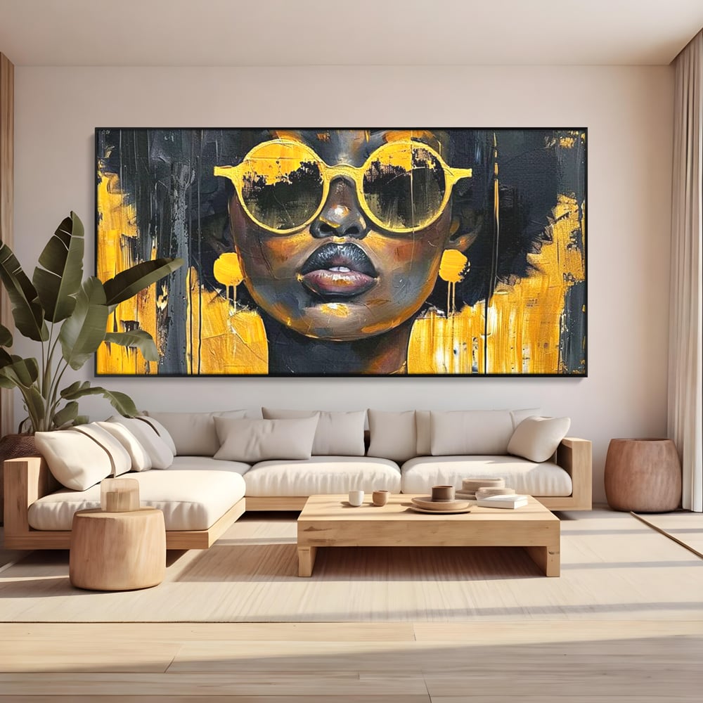 Leinwandbilder Premium LuxCanva® G1014, A Modern Goddess, Afro, Urban, Modern, Gelb, Sonnenbrille, Stil, Wohnen, Schlafzimmer, Wohnzimmer, Lebendige Farben