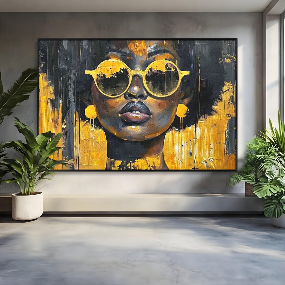Leinwandbilder Premium LuxCanva® G1014, A Modern Goddess, Afro, Urban, Modern, Gelb, Sonnenbrille, Stil, Wohnen, Schlafzimmer, Wohnzimmer, Lebendige Farben