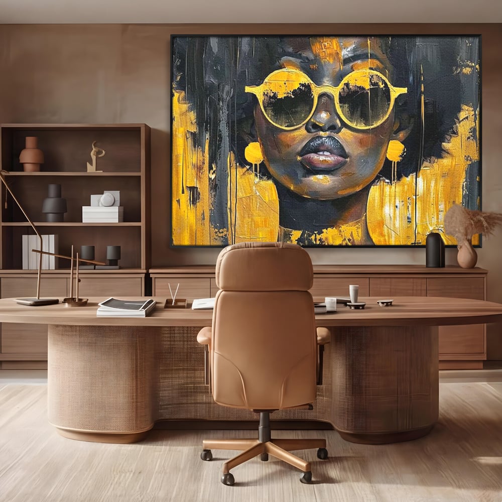 Leinwandbilder Premium LuxCanva® G1014, A Modern Goddess, Afro, Urban, Modern, Gelb, Sonnenbrille, Stil, Wohnen, Schlafzimmer, Wohnzimmer, Lebendige Farben