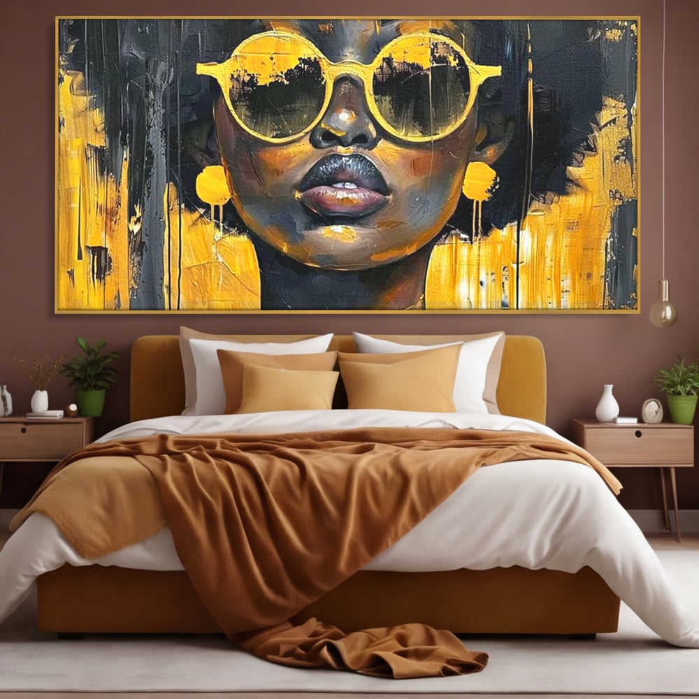 Leinwandbilder Premium LuxCanva® G1014, A Modern Goddess, Afro, Urban, Modern, Gelb, Sonnenbrille, Stil, Wohnen, Schlafzimmer, Wohnzimmer, Lebendige Farben