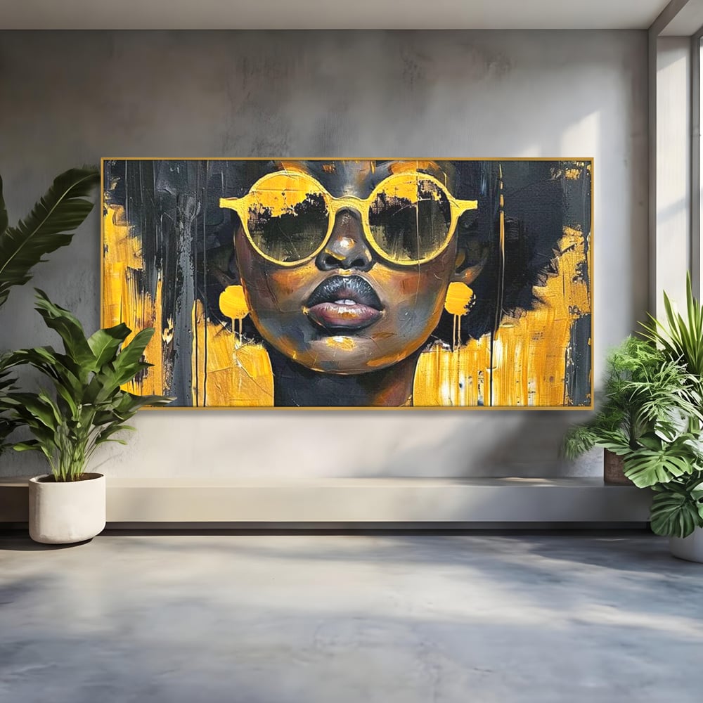 Leinwandbilder Premium LuxCanva® G1014, A Modern Goddess, Afro, Urban, Modern, Gelb, Sonnenbrille, Stil, Wohnen, Schlafzimmer, Wohnzimmer, Lebendige Farben