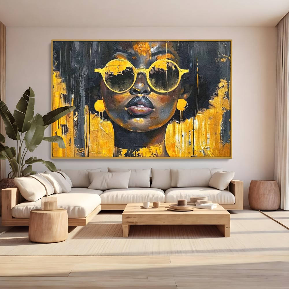 Leinwandbilder Premium LuxCanva® G1014, A Modern Goddess, Afro, Urban, Modern, Gelb, Sonnenbrille, Stil, Wohnen, Schlafzimmer, Wohnzimmer, Lebendige Farben