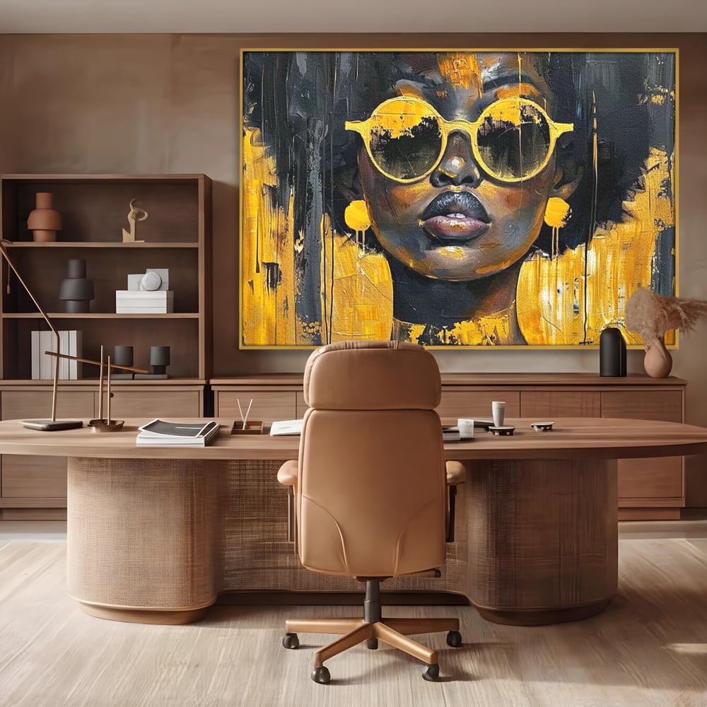 Leinwandbilder Premium LuxCanva® G1014, A Modern Goddess, Afro, Urban, Modern, Gelb, Sonnenbrille, Stil, Wohnen, Schlafzimmer, Wohnzimmer, Lebendige Farben