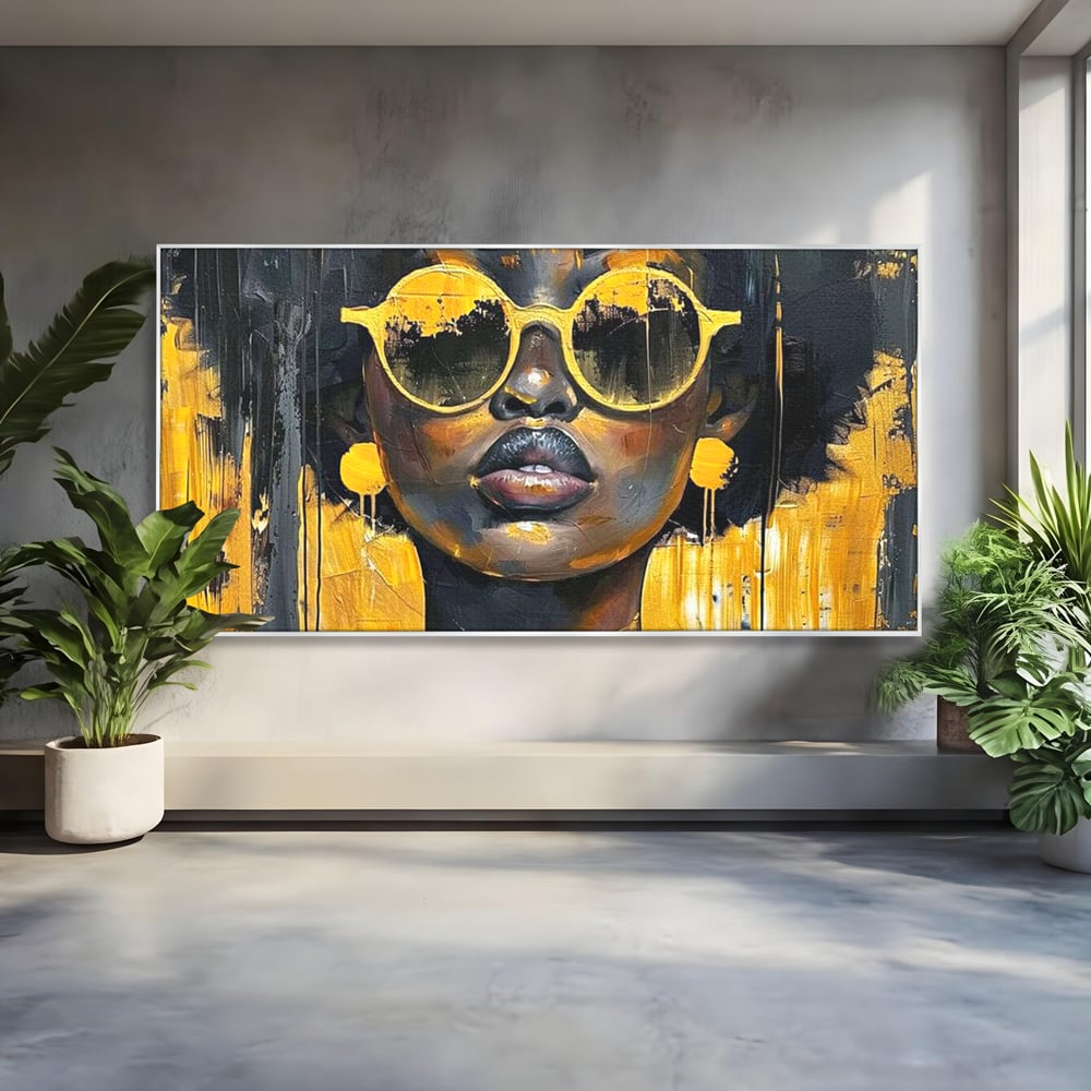 Leinwandbilder Premium LuxCanva® G1014, A Modern Goddess, Afro, Urban, Modern, Gelb, Sonnenbrille, Stil, Wohnen, Schlafzimmer, Wohnzimmer, Lebendige Farben