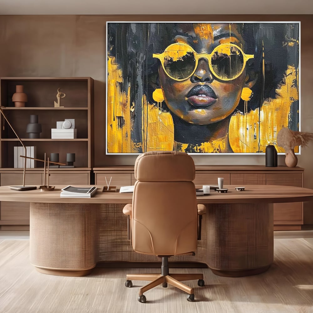 Leinwandbilder Premium LuxCanva® G1014, A Modern Goddess, Afro, Urban, Modern, Gelb, Sonnenbrille, Stil, Wohnen, Schlafzimmer, Wohnzimmer, Lebendige Farben