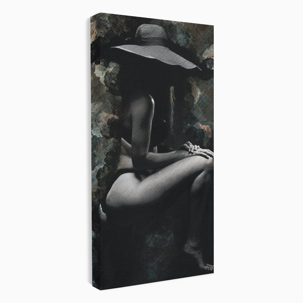Tablou Canvas Premium LuxCanva® G1017, Sub Palaria Misterului , Palarie, Silueta, Umbra, Dorinta, Senzualitate, Feminitate, Eleganta, Living, Dormitor, Culori vibrante