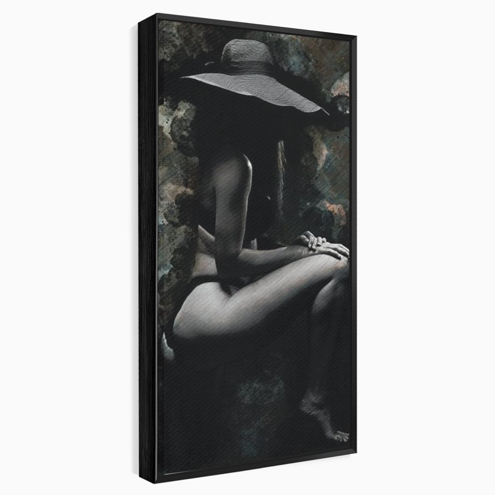 Tablou Canvas Premium LuxCanva® G1017, Sub Palaria Misterului , Palarie, Silueta, Umbra, Dorinta, Senzualitate, Feminitate, Eleganta, Living, Dormitor, Culori vibrante