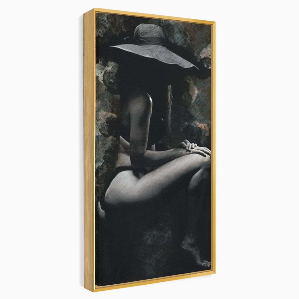 Tablou Canvas Premium LuxCanva® G1017, Sub Palaria Misterului , Palarie, Silueta, Umbra, Dorinta, Senzualitate, Feminitate, Eleganta, Living, Dormitor, Culori vibrante